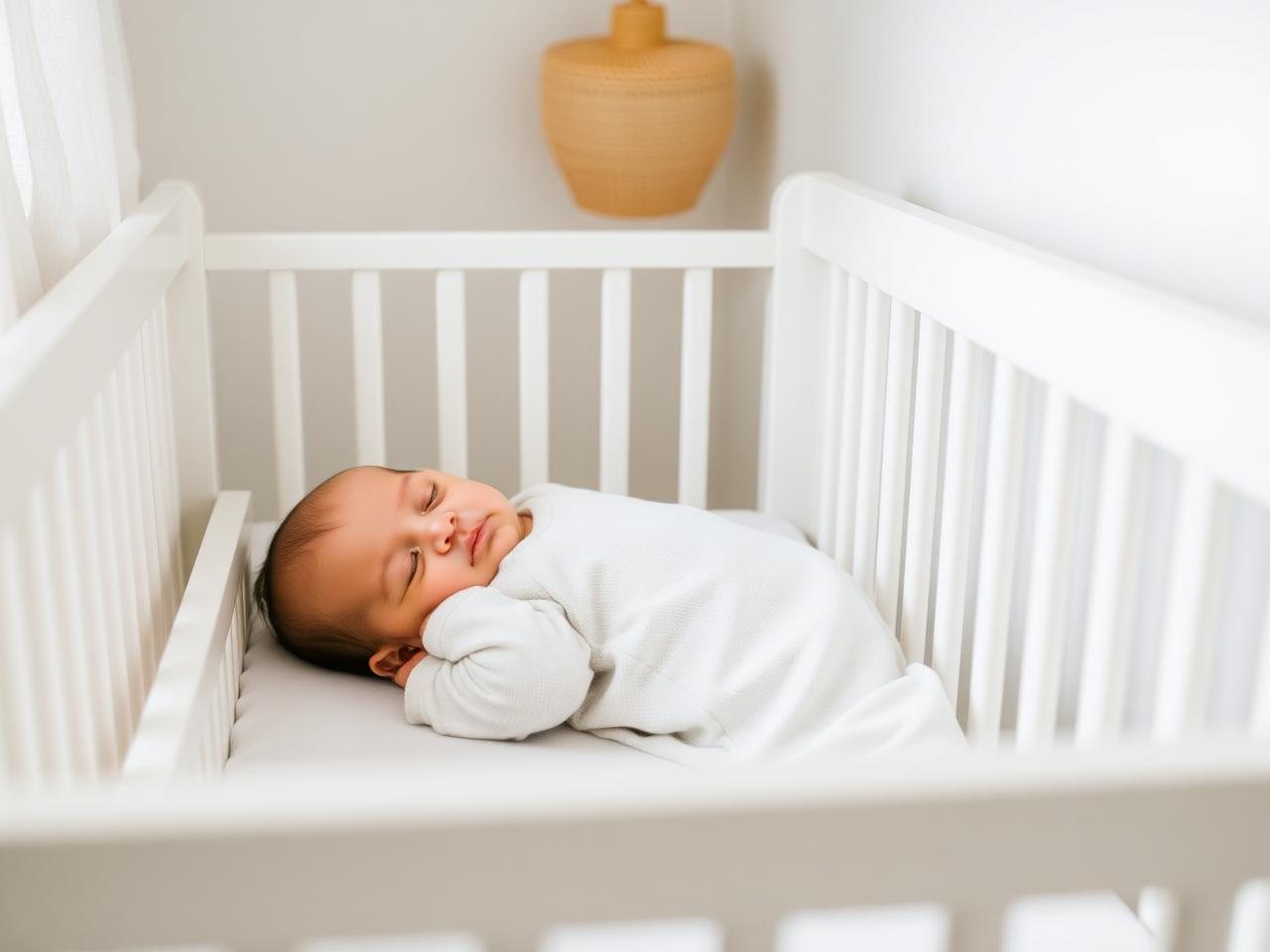 Baby sleeping peacefully in a bright nursery crib
