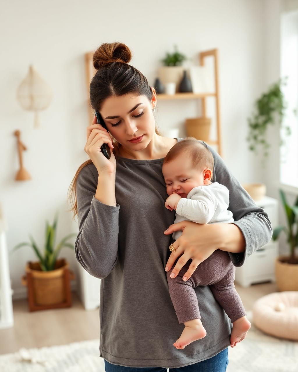 Mother holding her baby while speaking with a sleep consultant on the phone